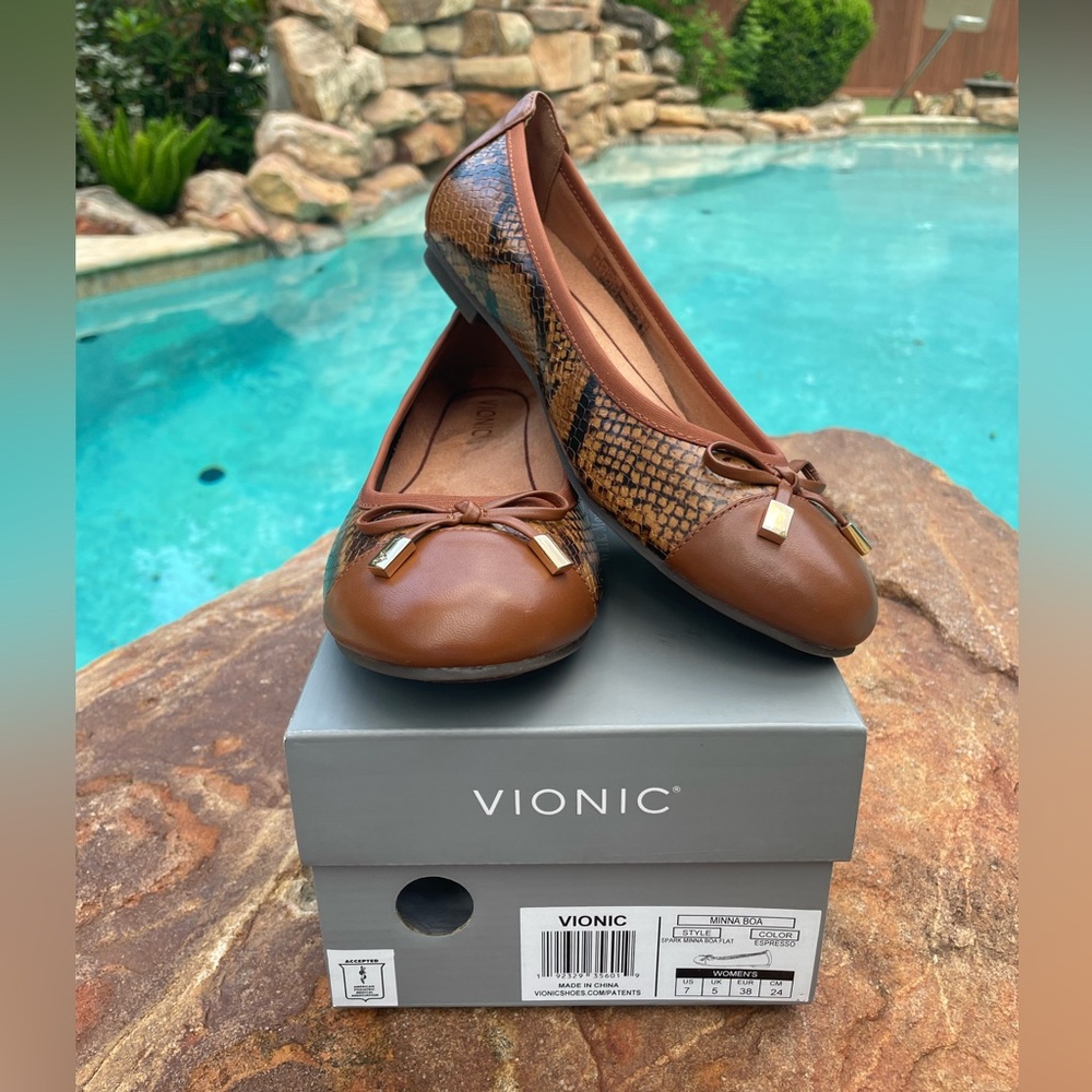 Vionic “Minna Boa” Reptile Print Ballet Flats in Espresso Boa